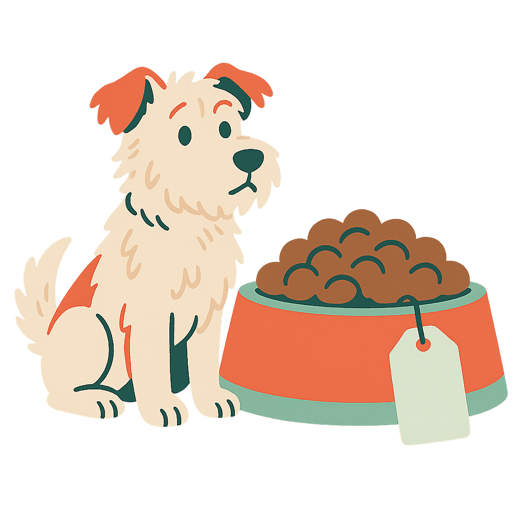 Illustration of a dog eyeing the price tag on a bowl of fresh dog food